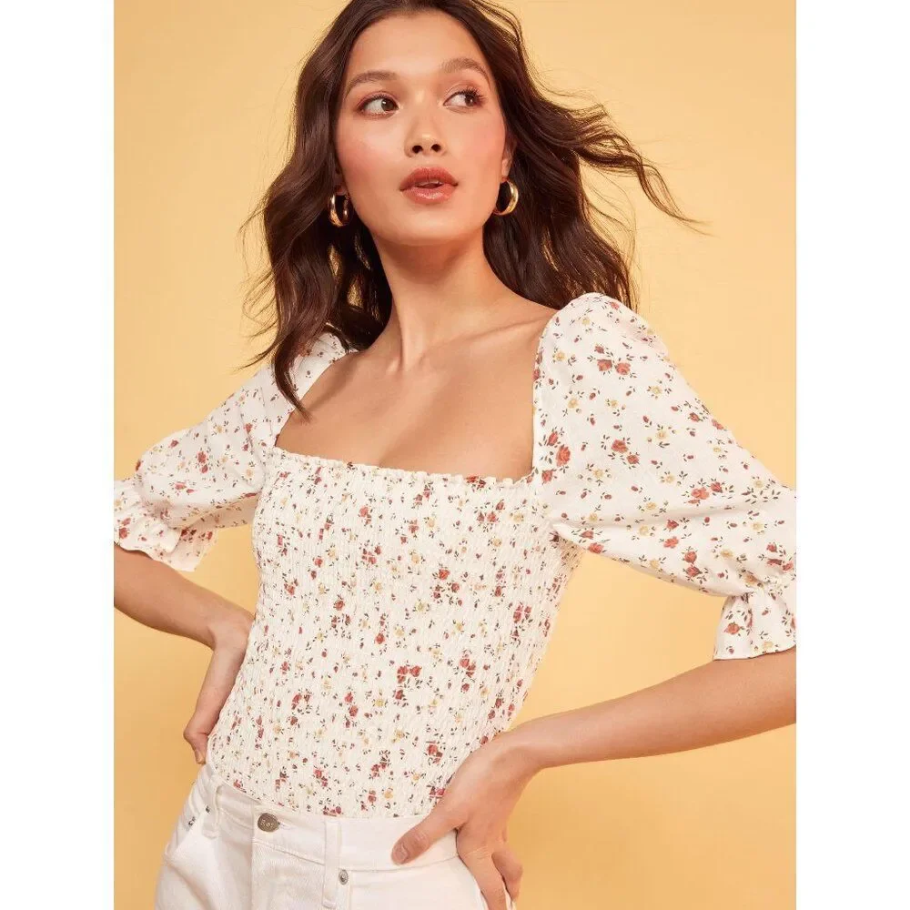 💕REFORMATION Clementine Ruched Floral Linen Top ~ Veronica Micro Floral XS NWOT